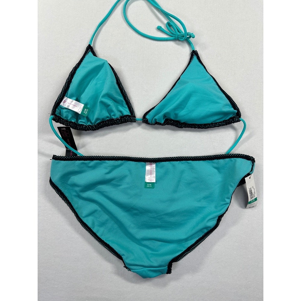 NWT Rich Black & Teal Mesh Triangle Bikini Set XL Two Piece Swimsuit Y2K String - Picture 4 of 14